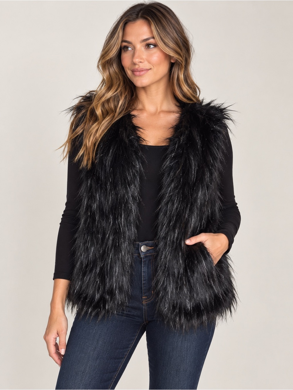 Jessica Simpson Black Shaggy Faux Fur Vest – Women’s L